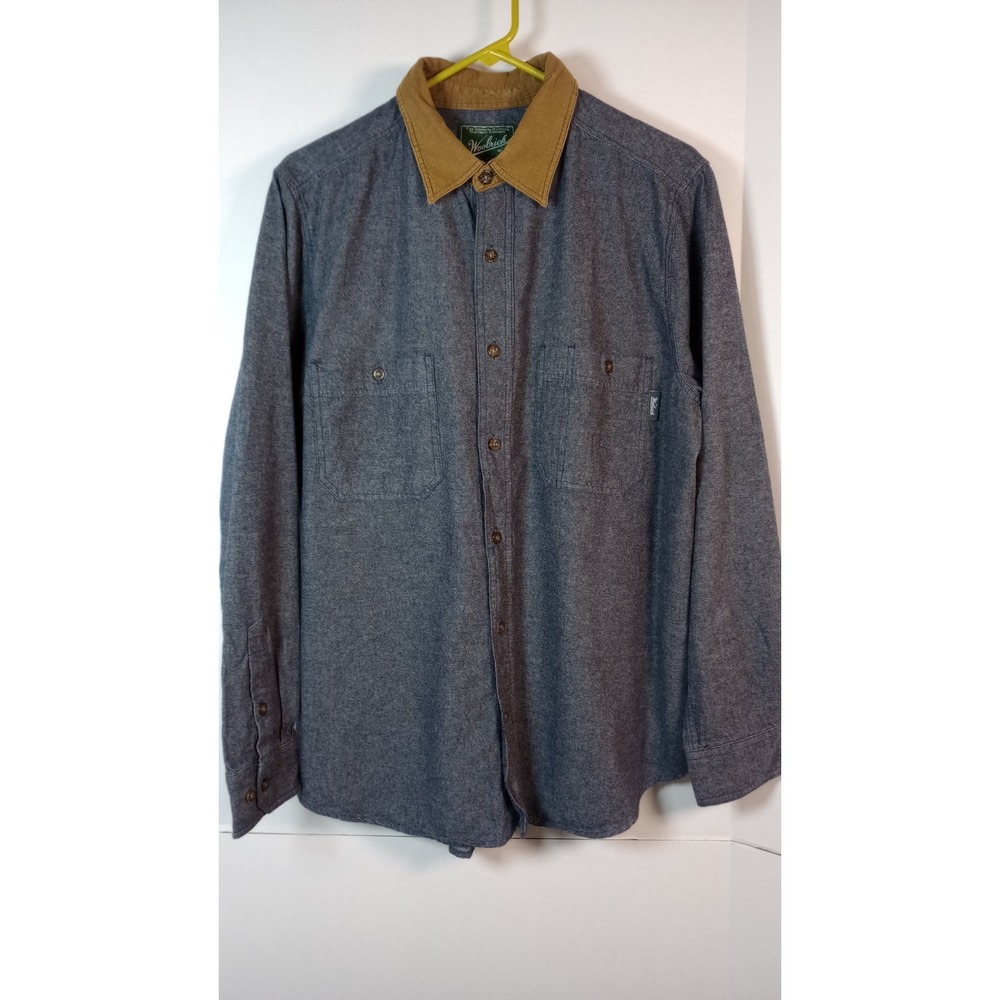 Vintage Woolrich Men Denim Shirt Corduroy Collar Sz L Western Cowboy 100% Cotton